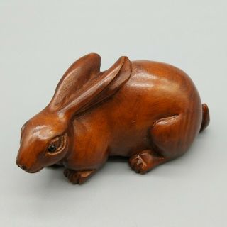 Hand Carved Japanese Boxwood Netsuke Cute Rabbit Handy Wood Carving Figurine
