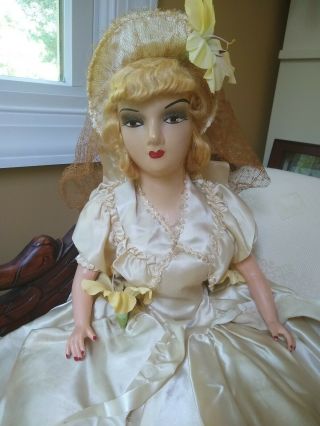 Large 24 " Vintage Composition Boudoir Bed Doll Blonde Mohair W/ Long Dress 36 "