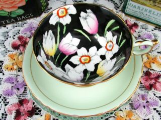 Paragon Tulip & White Floral Chintz Over Black Tea Cup And Saucer