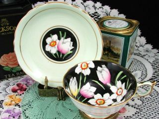 PARAGON TULIP & WHITE FLORAL CHINTZ OVER BLACK TEA CUP AND SAUCER 2