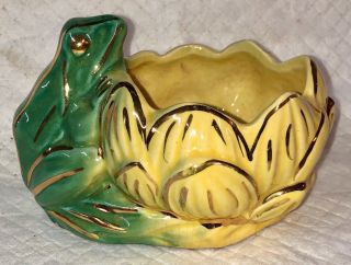 Vintage Antique Mccoy Frog & Lotus W/ Gold Trim Planter Old Pottery