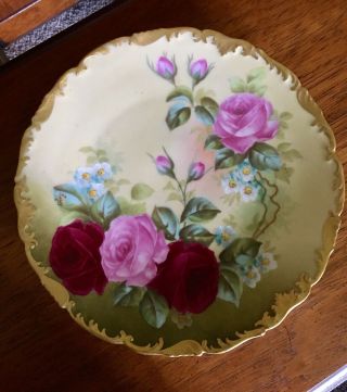 Antique T&v Limoges Hand Painted Roses Cabinet Plate Signed " Leroy "