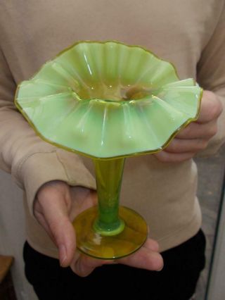 Antique Green Vaseline Coloured Crimped Glass Vase Jack In The Pulpit Shape