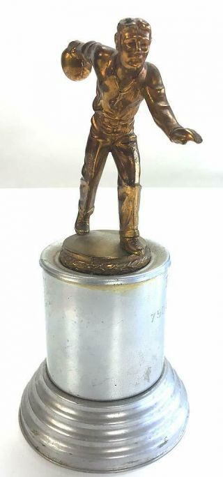 Vintage 1945 Bowling Trophy Metal 7 1/2 Inch Male Bowler - Unique