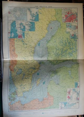 1915 Large Antique Mercantile Map - The Baltic Sea,  15 Insets
