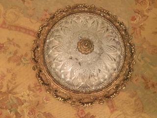 Huge Vintage Ornate Gilt Brass And Glass Flush Fit Ceiling Light 3 Light