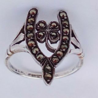 Antique Edwardian Silver And Marcasite Ring Good Luck Wishbone And Clover C 1905
