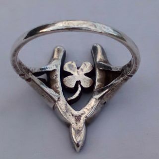 Antique Edwardian Silver and Marcasite Ring Good Luck Wishbone and Clover c 1905 6