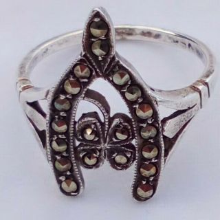 Antique Edwardian Silver and Marcasite Ring Good Luck Wishbone and Clover c 1905 7