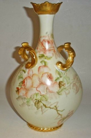 Gorgeous 11 1/2 " Antique Jean Pouyat Limoges France Pillow Vase - Roses & Gilt