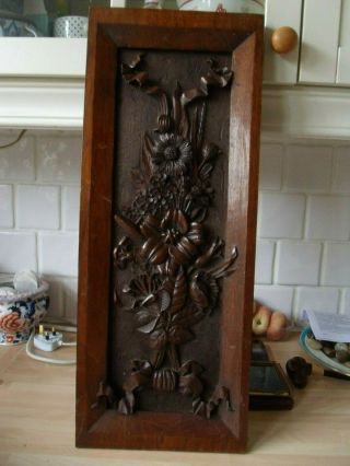 Vintage Hand Carved Oak Panel,  Showing Flower Spray With Ribbons