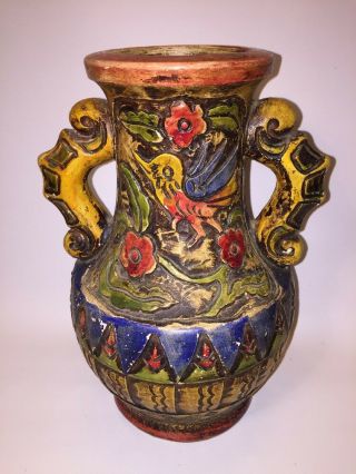 Antique Majolica Pottery Persian Style,  Vase Double Handle Floral,  Birds,  Pattern