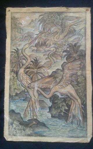 Antique Vintage Unusual Balinese Canvas Painting Exotic Birds Bali 12 X 19 "
