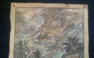 Antique Vintage Unusual Balinese Canvas Painting Exotic BIRDS Bali 12 x 19 