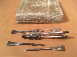 Antique 1880 Pairpoint Mfg.  Co Nut Cracker and 4 Picks in Presentation Case 3