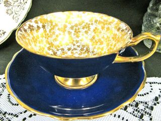 Hammersley Tea Cup And Saucer Cobalt Blue & Gold Chintz Pattern Teacup Wide Set