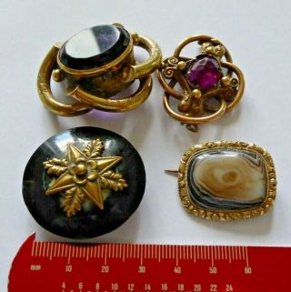 4 X Antique Gold Plated And Agate Set / Stone Set Brooches And Buckle