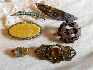 Set Of 6 Victorian Antique Pins Abalone,  Rhinestones,  Celluloid,  Turquoise