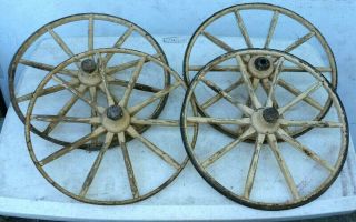 4 Matching Antique 12,  " 10 Wood Spoke Wheels Wagon Buggy Cart Metal Rims Wooden