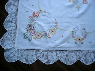 Vintage Hand Embroidered Flowers Linen Tablecloth With Hand Crocheted Lace Edge