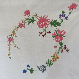 Vintage Richly Hand Embroidered Linen Tablecloth Bright Florals 40”x40”