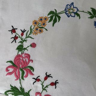 Vintage Richly Hand Embroidered Linen Tablecloth Bright Florals 40”x40” 4