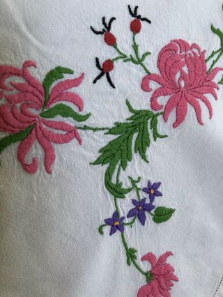Vintage Richly Hand Embroidered Linen Tablecloth Bright Florals 40”x40” 5