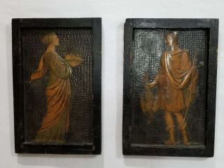 (2) Antique Medieval / Roman Style Carved Wood Plaques,  Hunter & Lady