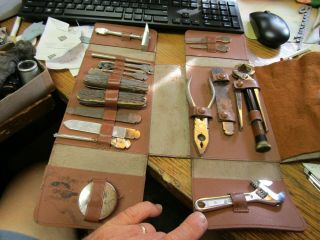 Hugo Berns Pocket Knife Antique Multi - Tool Set,  Leather Case,  Stag Grip Handles