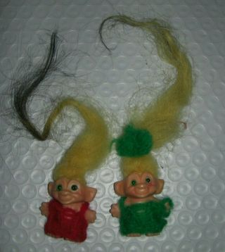 2 Vintage Mohair Mini Troll Doll Pencil Toppers Jewel Eyes