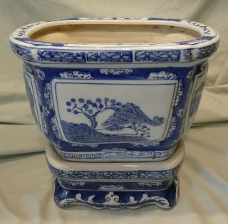 Vintage Large Blue And White Chinese Porcelain Planter Pot With Base