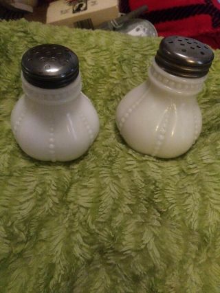 Antique.  Milk Glass Beaded Design Salt & Pepper Shakers