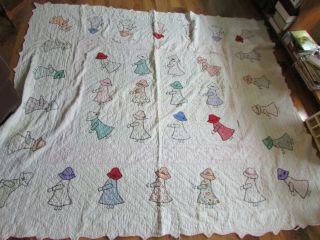 Sunbonnet Sue Vintage Cutter Quilt Feedsack Hand Quilted Old 64x75 Antique