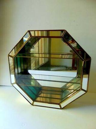 Vintage 12 " Glass Brass Mirrored Octagon Curio Display Cabinet Box 2 Shelves