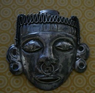 Antique Aztec Mayan Tribal Mexican Sterling Silver Indian Face Mask Brooch Pin