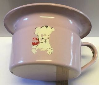 Vintage Childs Chamber Pot Pink With Puppy Dog Enamel Metal Potty Enamelware