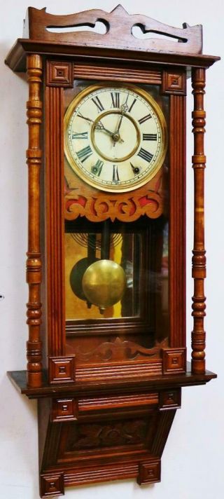 Antique American Wall Clock 8 Day Gong Striking Carved Mahogany Drop Dial Clock