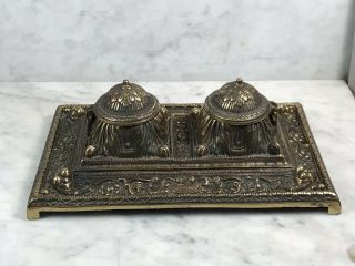 Antique Vintage Brass Bronze Large Double Inkwell