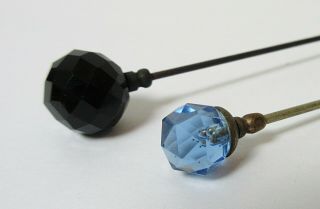 Two Antique Hatpins Blue Black Faceted Glass Balls