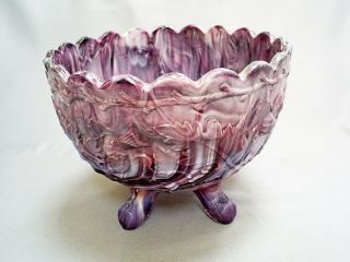 Fine Antique Victorian Sowerby Marbled Purple Slag Glass 4 Footed Bowl/thistles