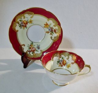 Vintage Collingwoods Bone China England Cup & Saucer Maroon Red,  Floral,  Gold