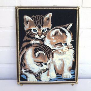 Vintage Framed Painting Kittens Black Velvet Paint By Number Pbn 8x10