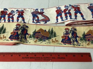 5 Yd Vintage Novelty Embroidered Fabric Ribbon Trim Of Folk Dancers & Christmas