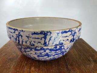 Antique Large Blue On Gray Spongeware Sponge Salt Glazed Country Stoneware Bowl
