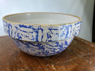 Antique Large Blue on Gray Spongeware Sponge Salt Glazed Country Stoneware Bowl 4