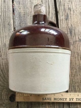 Vintage Stoneware Small Crock Moonshine Whiskey Jug With Handle Brown & Beige
