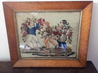 Antique 19th Century Embroidery Tapestry Needlepoint Picture In Maple Frame.
