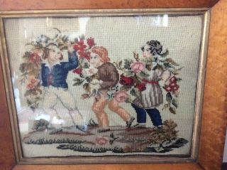 ANTIQUE 19th CENTURY EMBROIDERY TAPESTRY NEEDLEPOINT PICTURE IN MAPLE FRAME. 2