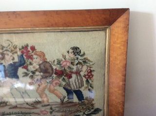 ANTIQUE 19th CENTURY EMBROIDERY TAPESTRY NEEDLEPOINT PICTURE IN MAPLE FRAME. 4