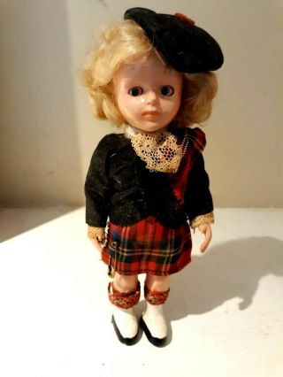 Vintage Scottish Highlander Doll 6 1/2 " Stewart Clan Kilt Blue Movable Eyes Arms